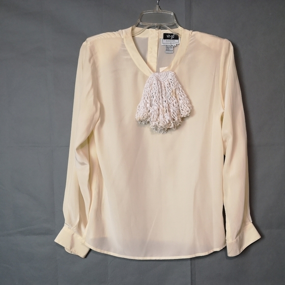 NEO-VINTAGE Eco-lux washed silk w/Elizabethan handmade crochet lace bow blouse - Picture 1 of 4